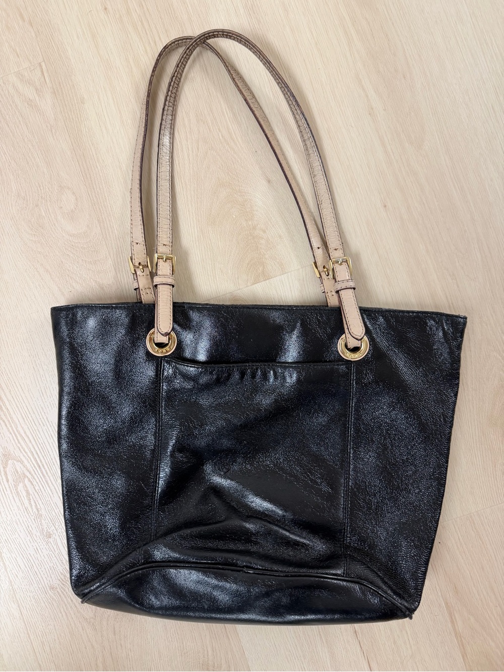 MICHAEL Michael Kors Black Leather Tote with Beige Straps